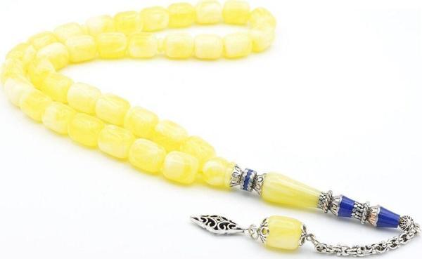 Sarı Lacivert Nakkaş İmameli Kapsül Kesim Beyrut Damla Kehribar Tesbih - Image 1