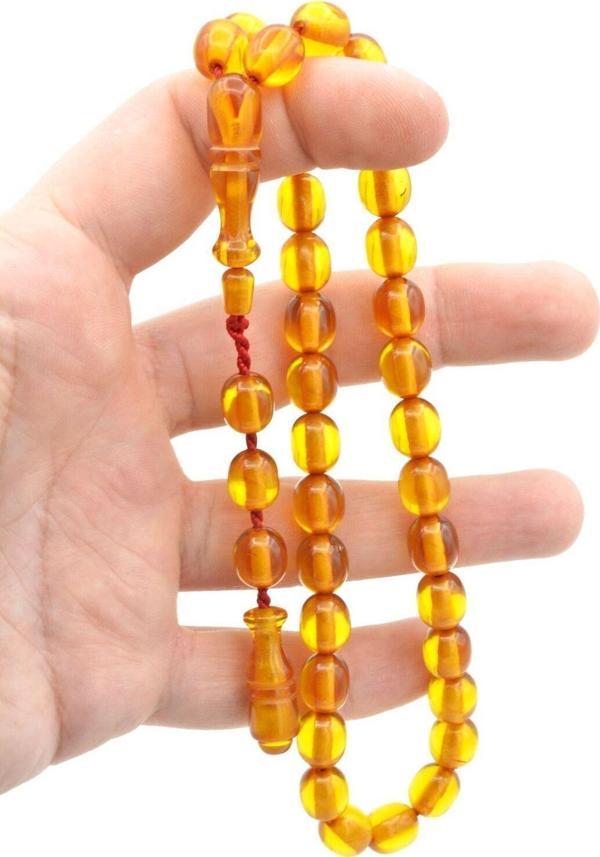 Sistemli Beyzi Kesim Günlük Boy Sarı Sıkma Kehribar Tesbih 002 - Image 1