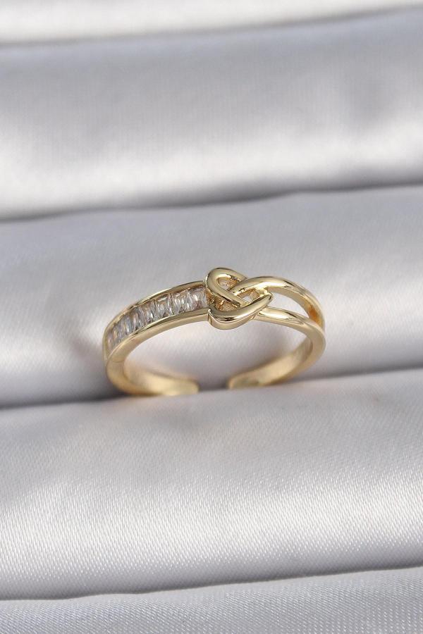 Pirinç Gold Renk Ayarlanabilir Zirkon Taşlı Düğüm Kalp Model Kadın Yüzük - TJ-BYK3404 - Image 1