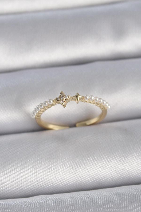 Pirinç Gold Renk Zirkon Taşlı Yıldız Sıralı İncili Ayarlanabilir Model Kadın Yüzük - TJ-BYK3366 - Image 1