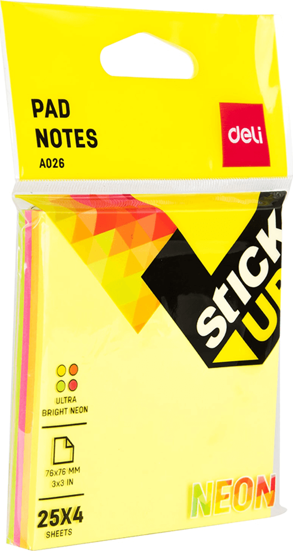 Deli Yapışkanlı Not Kağıdı NEON 76×76mm 3’’×3’’ 4*25yp A02602 - Image 1