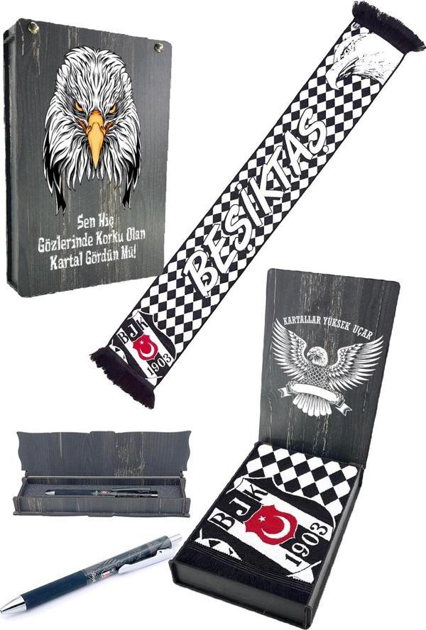 Beşiktaş Orijinal Dokuma Atkı + Tükenmez Kalem Set Hediyelik Ahşap Kutulu - Image 1