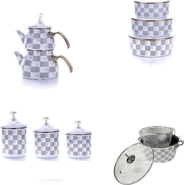 Emaye Çaydanlık 3Lü Saklama Kabı Kavanoz Seti Kızartma Tenceresi Gri Dama Desen - Image 1