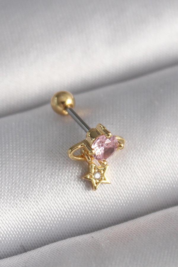 Gold Renk Pembe Zirkon Taşlı Sallantı Yıldız Detay Tragus Piercing - EBJ241123W29387 - Image 1