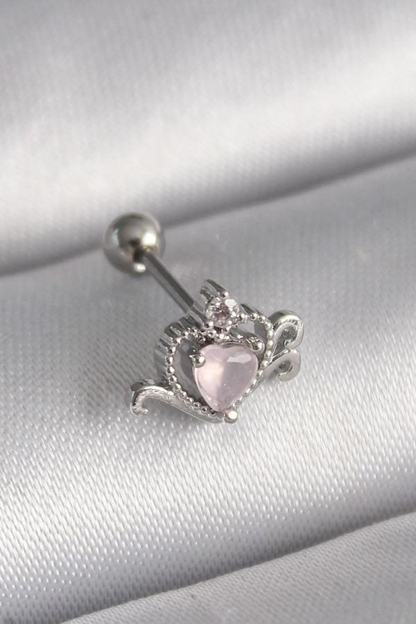 Gümüş Renk Pembe Mineli Kalp Zirkon Taş Detay Tragus Piercing - EBJ241123W29412 - Image 1