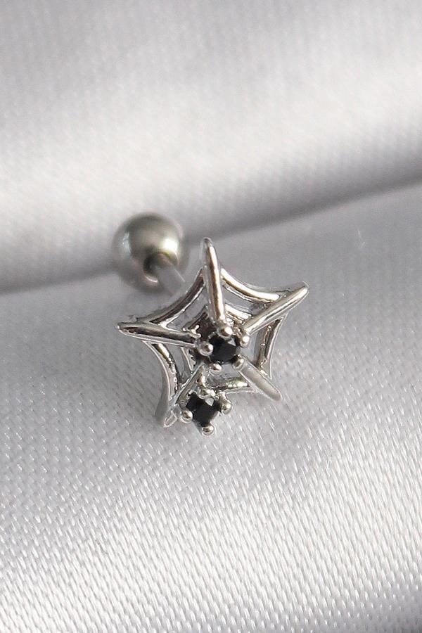 Gümüş Renk Siyah Zirkon Taş Detay Örümcek Ağ Model Tragus Piercing - EBJ241123W29444 - Image 1