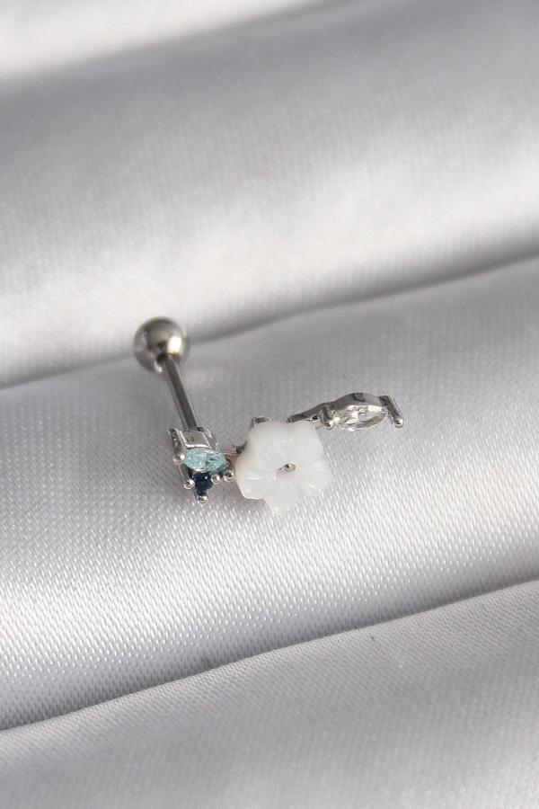 Gümüş Renk Zirkon Taş Detay Beyaz Çiçek Model Tragus Piercing - EBJ241123W29508 - Image 1