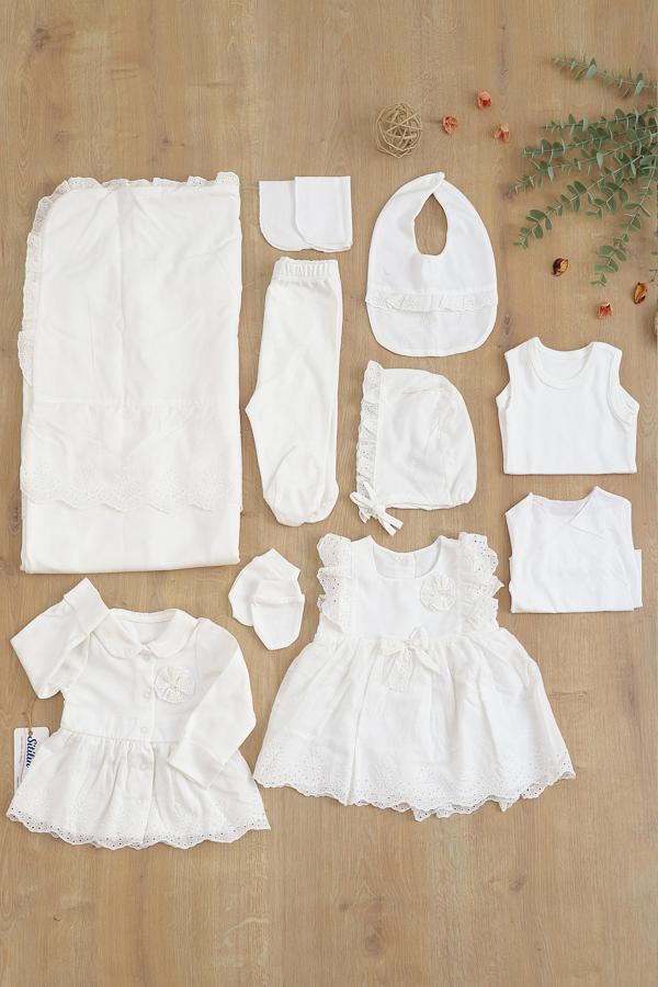 Kız Bebek Natıral Pamuk Kumaş Fistolu Dantelli Lüks 10 Lu Hastane Çıkışı Set STL6800 - Image 1