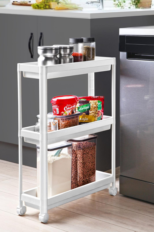Mithra Life 3 Katlı Tekerlekli Slim İnce Beyaz Banyo Mutfak Rafı MIT1125 - Image 1