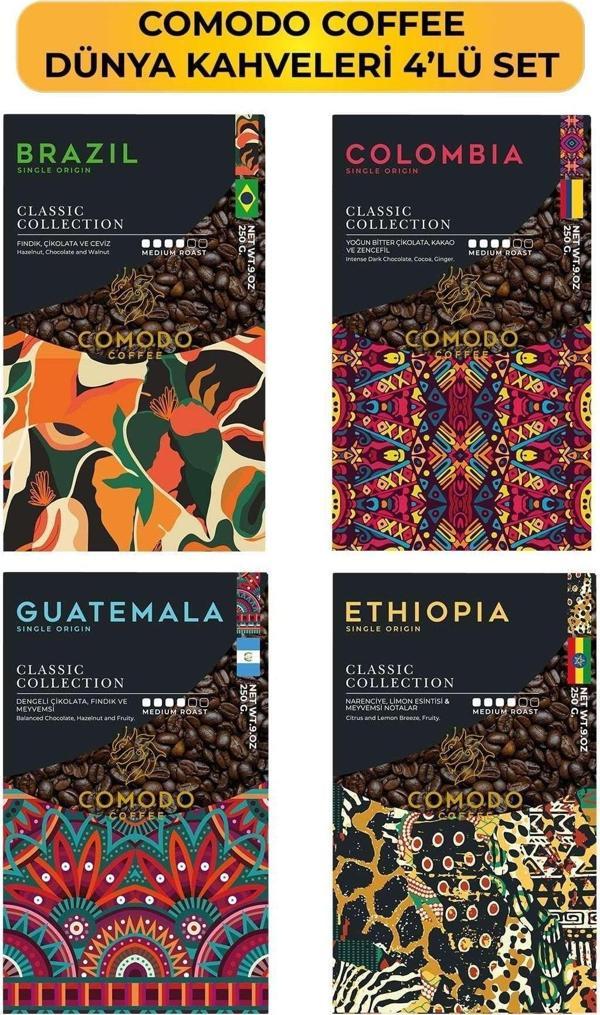 Comodo Coffee Dünya Kahveleri Filtre - Çekirdek Kahve 4'Lü Tanışma Seti 4x 250 Gr - Image 1