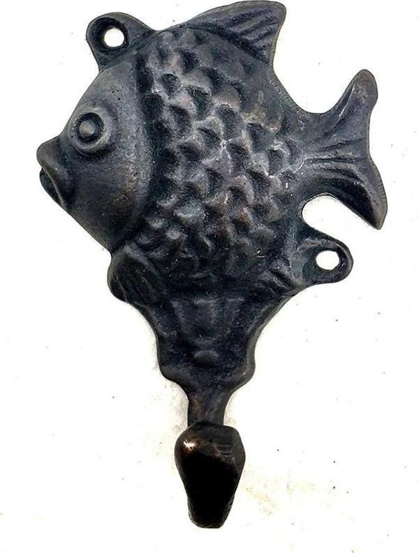 Antika Tarz Dekoratif Pirinç Balık Figürlü Askı - 84x51mm, Oksit - Image 1