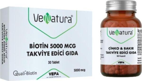VeNatura Biotin 5000 Mcg 30 Tablet + Çinko(15 Mg) & Bakır(1500 ?G) Takviye Edici Gıda 60 Kapsül - Image 1