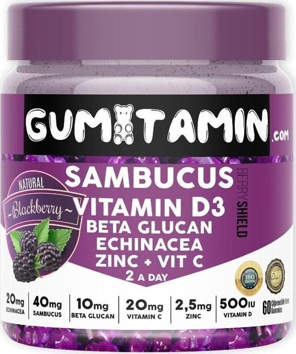 Gumitamin Sambucus Multivitamin Karamürver, Vitamin C+D3, Çinko, Beta Glukan Doğal Böğürtlen Aromalı - Image 1