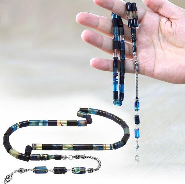 925 Ayar Gümüş Püsküllü Kesme Kesim Mavi-Beyaz Ateş Kehribar Tesbih - Image 1