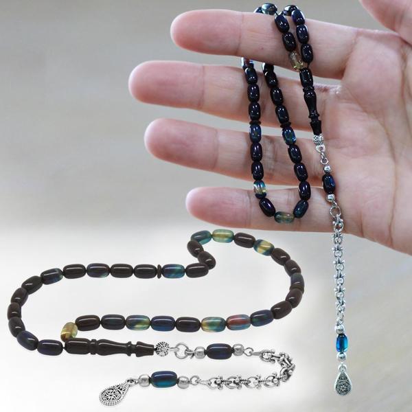 Kararmaz Metal Arnavut Püsküllü Kapsül Kesim Koyu Mavi-Beyaz Bilek Boy Ateş Kehribar Tesbih - Image 1