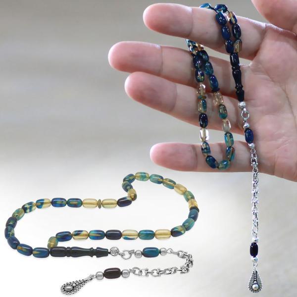 Kararmaz Metal Arnavut Püsküllü Kapsül Kesim Şeffaf Mavi-Beyaz Bilek Boy Ateş Kehribar Tesbih - Image 1