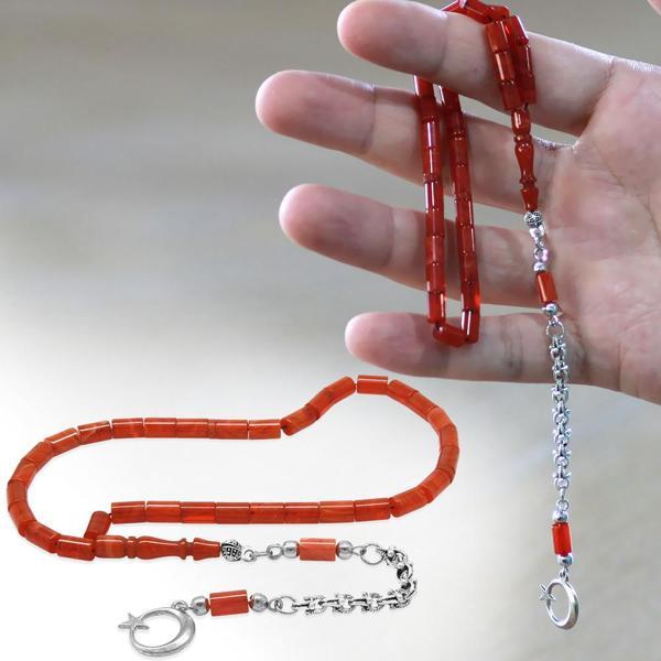 Kararmaz Metal Arnavut Püsküllü Kesme Kesim Ebruli Kırmızı Renk Bilek Boy Ateş Kehribar Tesbih - Image 1