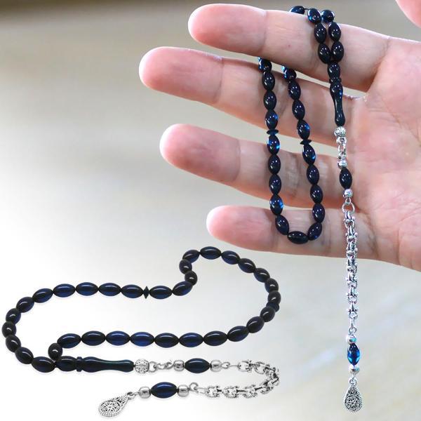 Kararmaz Metal Arnavut Zincir Püsküllü Arpa Kesim Koyu Lacivert Bilek Boy Sıkma Kehribar Tesbih - Image 1