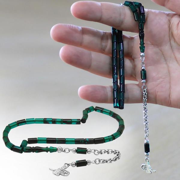 Kararmaz Metal Arnavut Zincir Püsküllü Kesme Kesim Yeşil-Siyah Bilek Boy Ateş Kehribar Tesbih - Image 1