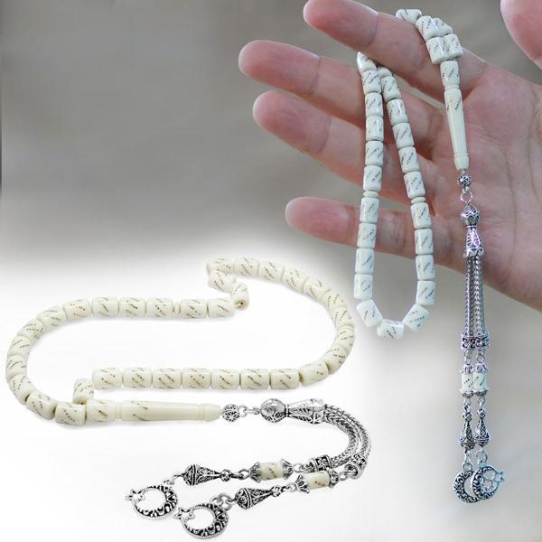 Kararmaz Metal Ayyıldız Püsküllü Kapsül Kesim Pirinç İşlemeli Deve Kemiği Tesbih - Image 1