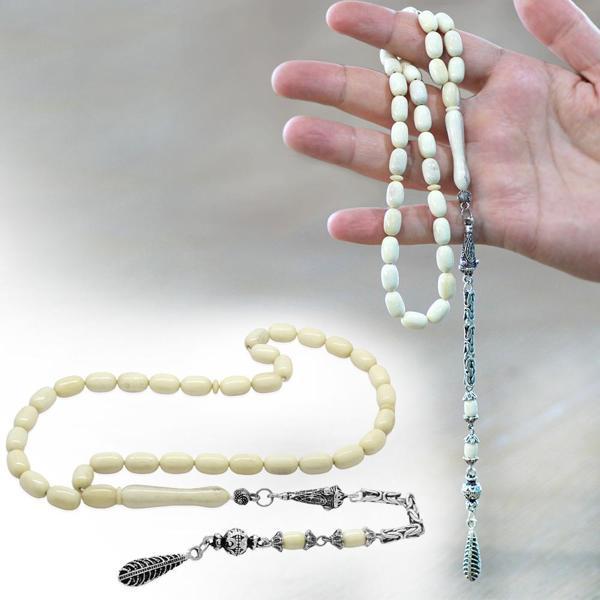 Kararmaz Metal Kral Zincir Püsküllü Tombul Kapsül Kesim Naturel Renk Deve Kemiği Tesbih - Image 1