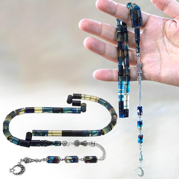 Kararmaz Metal Püsküllü Kesme Kesim Mavi-Beyaz Ateş Kehribar Tesbih - Image 1