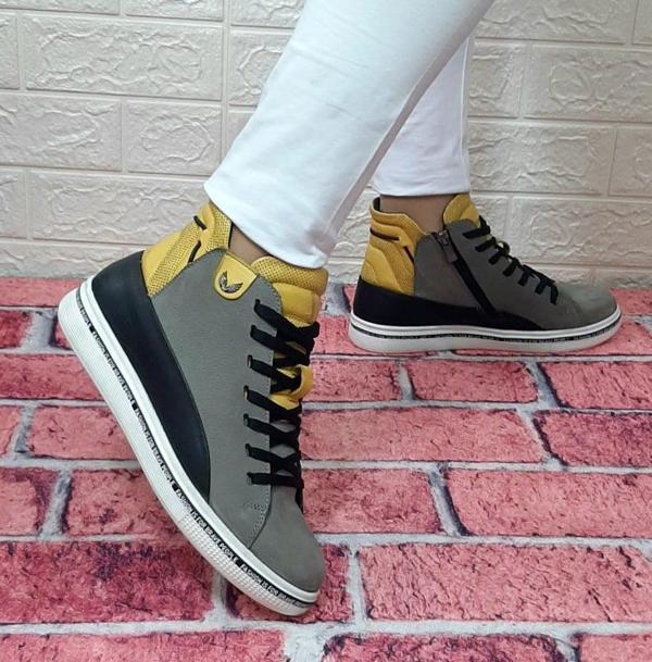 Voyager 8498 Gri-Sarı Hakiki Deri Kaymaz Taban Fermuarlı Bağacaklı Bot - Image 1