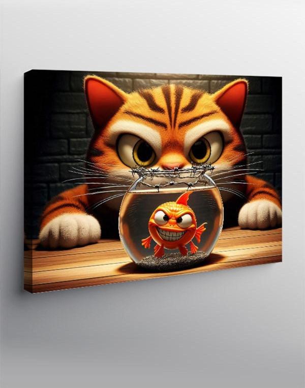 Tablomega Kanvas Tablo Akvaryumdaki Balık Ve Kedi - Image 1