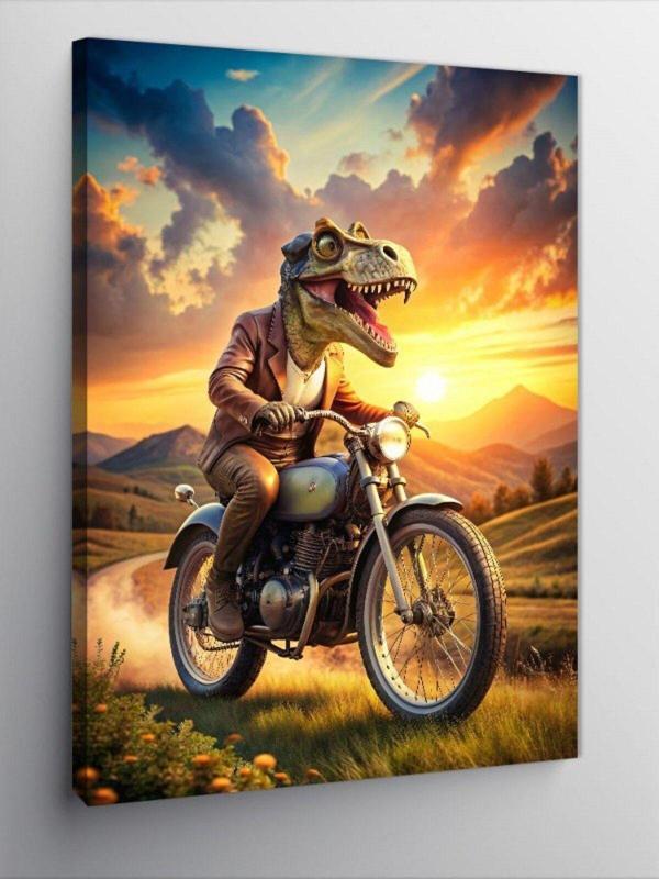 Tablomega Kanvas Tablo Retro Motosiklet Kullanan Dinozor - Image 1