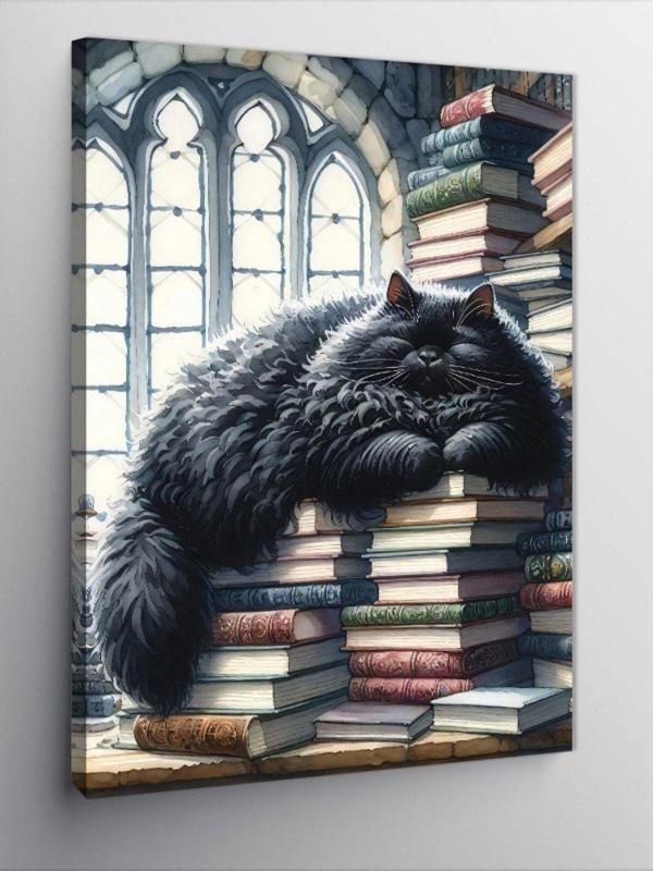 Tablomega Kanvas Tablo Siyah Kedi Ve Kitaplar - Image 1