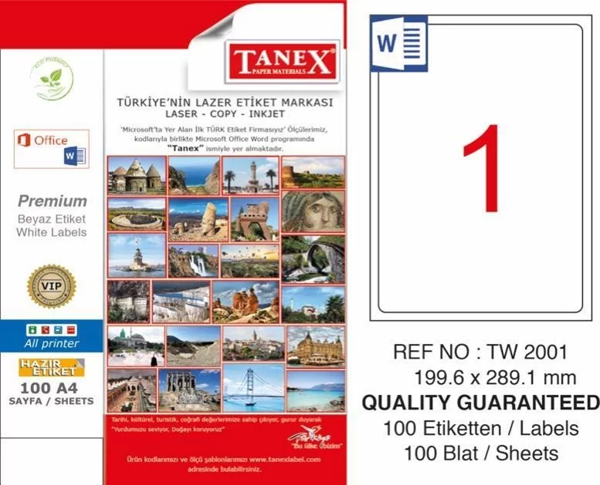 Tanex TW-2001 Laser Etiketi (199,6 x 289,1 mm) - Image 1