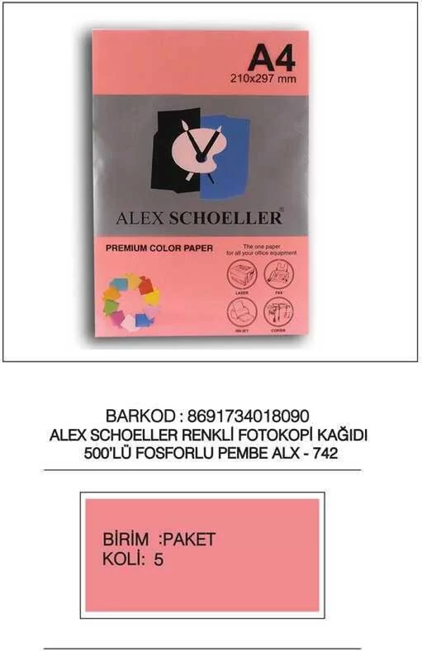 Alex Schoeller  Fotokopi Kağıdı Fosforlu Pembe A4 500'lü 742 - Image 1