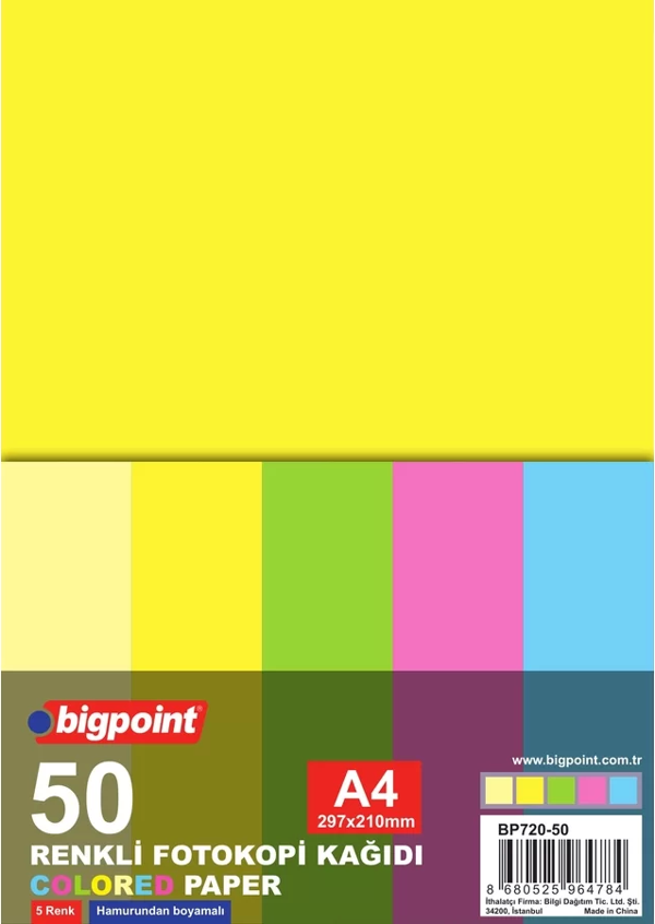 Bigpoint A4 Renkli Fotokopi Kağıdı 5 Renk 50'li Paket - Image 1