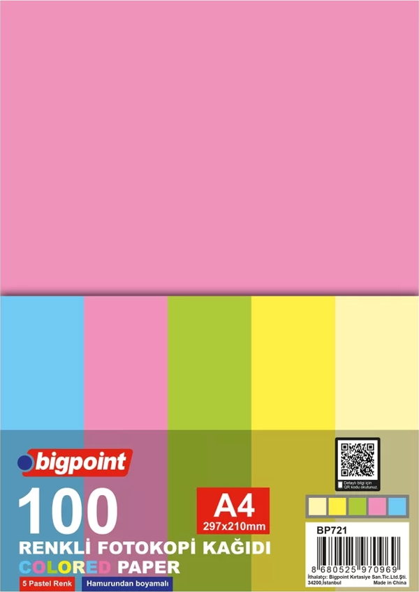 Bigpoint A4 Renkli Fotokopi Kağıdı 5 Pastel Renk 100'lü Paket - Image 1