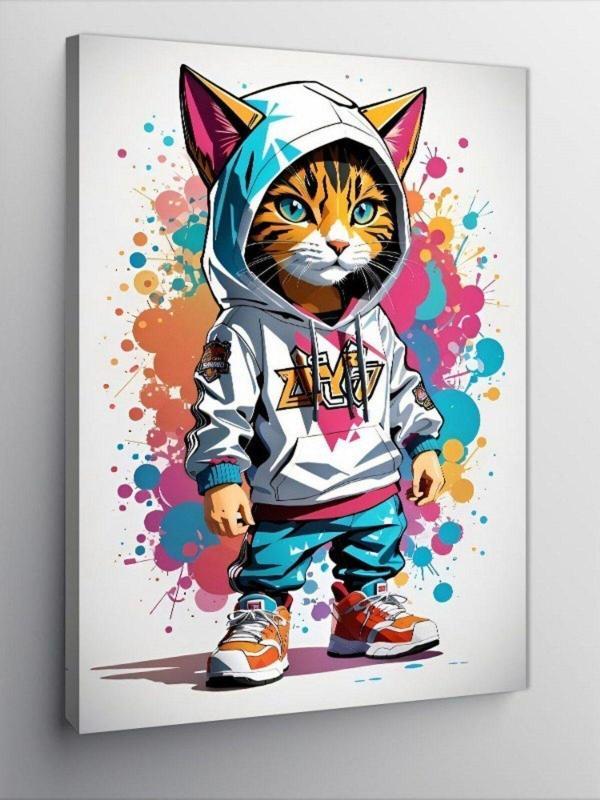 Tablomega Kanvas Tablo Kapşonlu Sporcu Tekir Kedi - Image 1