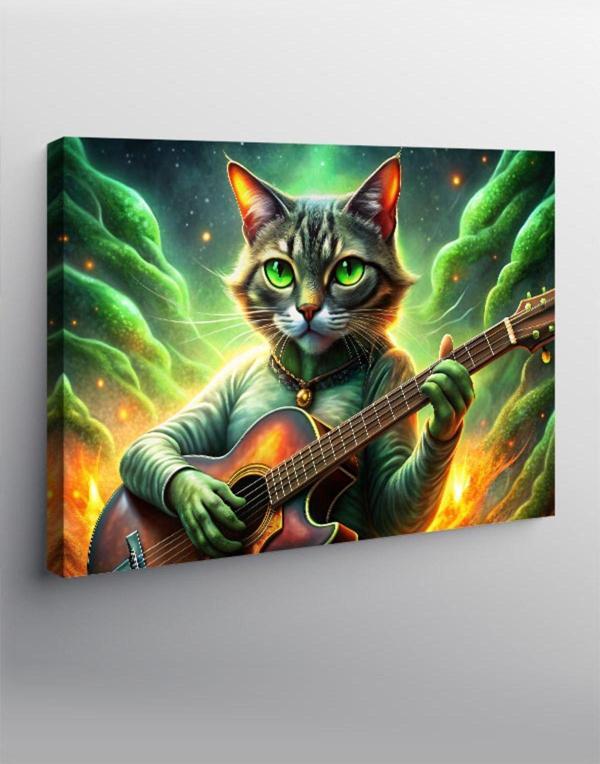 Tablomega Kanvas Tablo Gitar Çalan Uzaylı Kedi - Image 1