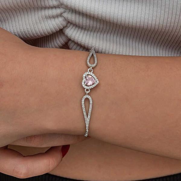 Findit Gümüş Pembe Zirkon Taşlı Kalp Bileklik 335392 - Image 1