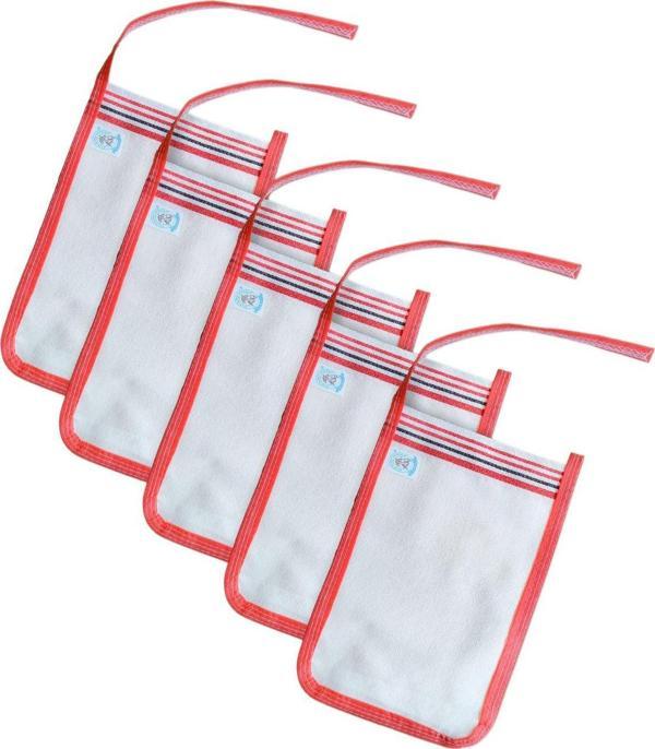 Eker Kırmızı Biyeli Kese Seti-5 Adet Kese- Banyo Ve Duş Kesesi-Doğal Özel Dokuma-Standart Kese - Image 1