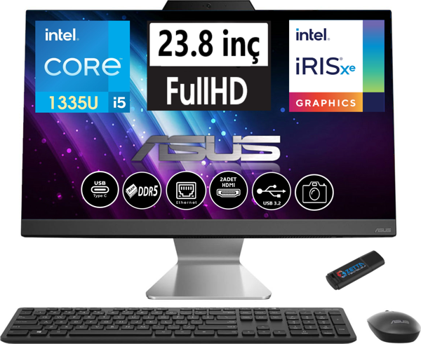 Asus A3402WBAK-I58512B0D Intel I5-1335U 16GB Ddr5 Ram 2tb SSD 23.8 Fhd IPS Freedos All In One Bilgisayar I58512B0D04 + Zetta USB Bellek - Image 1