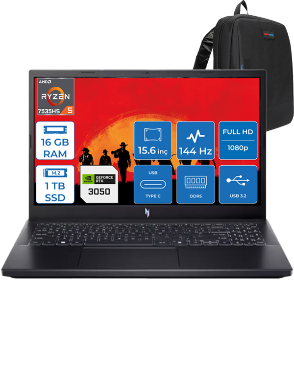 Acer Nitro V15 ANV15 Ryzen 5 7535HS 16GB Ddr5 1tb SSD 6GB/RTX3050/75W 15.6" Fhd 144Hz Windows 11 Home Dizüstü Bilgisayar 41R5QLH01 + Zetta Çanta - Image 1