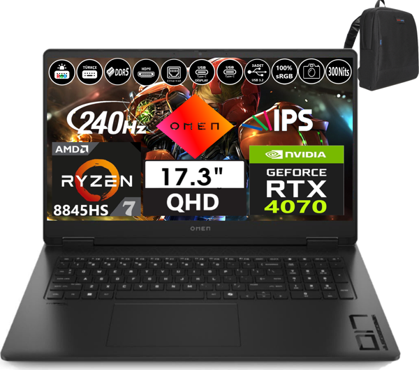 Hp Omen 17-DB0015NT Amd Ryzen 7-8845HS Aı 48GB Ddr5 2tb SSD 8GB/RTX4070 WINDOWS11HOME 17.3" 240Hz 3ms 300NITS Qhd IPS Taşınabilir Bilgisayar OMA44QLEAW31 + Weblegelsin Çanta - Image 1