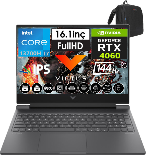 Hp Victus 16-R0065NT Intel I7-13700H 96GB Ddr5 4tb SSD 8GB/RTX4060 WINDOWS11HOME 16.1" 144 Hz Fhd IPS Taşınabilir Bilgisayar W8B5Y3EA40 + Weblegelsin Çanta - Image 1