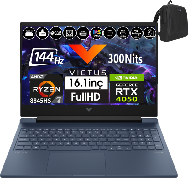 Hp Victus 16-S1023NT Amd Ryzen 7-8845HS Aı 96GB Ddr5 1tb SSD 6GB/RTX4050 WINDOWS11HOME 16.1" 144Hz Fhd Taşınabilir Bilgisayar 99Z795EA38 + Weblegelsin Çanta - Image 1