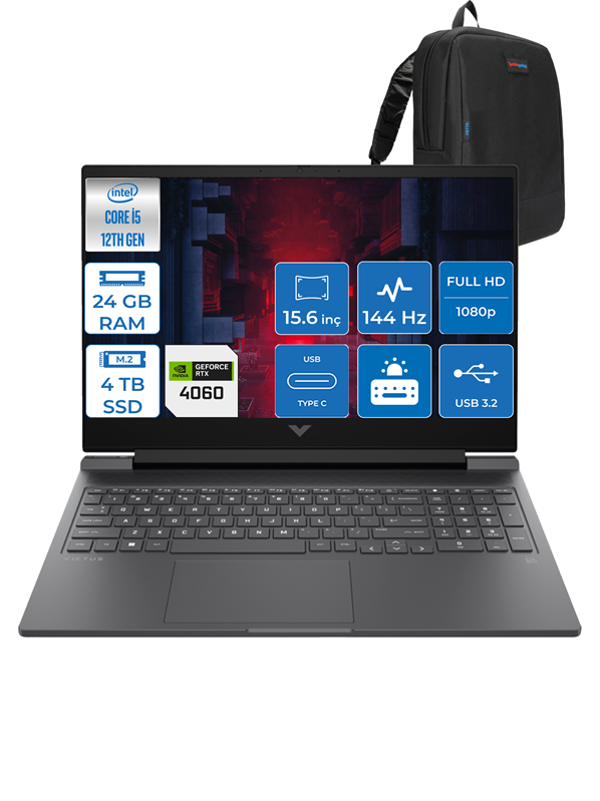 HP Victus Gaming 15 Intel Core I5 12500H 24GB 4tb SSD 8GB/RTX4060/75W Windows 11 Home 15.6" 144Hz IPS 9ms Taşınabilir Bilgisayar HP03C7EAP07 + Zetta Çanta - Image 1