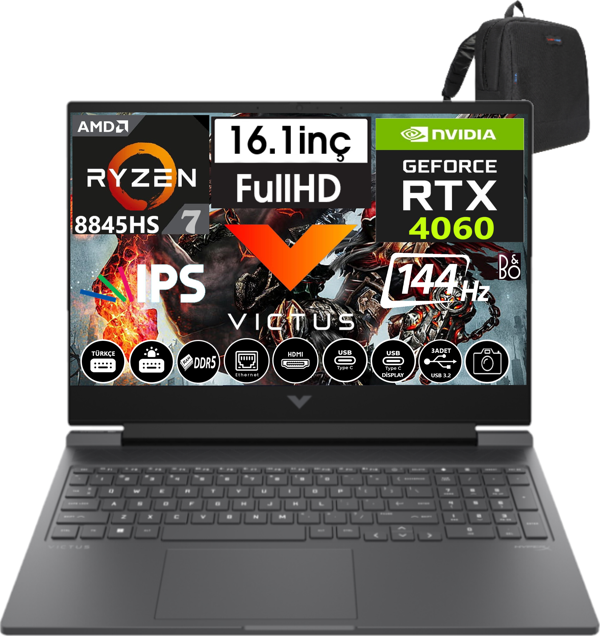 Hp Victus Ryzen 7-8845HS Aı 96GB Ddr5 512GB SSD 8gb/ RTX4060 Freedos 16.1" 144 Hz Fhd IPS VİCTUSA1YU5EA17+ZETTAÇANTA - Image 1