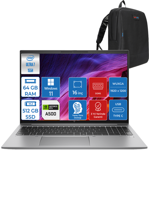 HP Zbook Firefly G11 Intel Ultra 7 155H 64GB 512GB SSD 4GB/RTXA500 Wuxga 16" W11PRO Mobil Iş Istasyonu ZBF5G4B8EWP07 + Zetta Çanta - Image 1