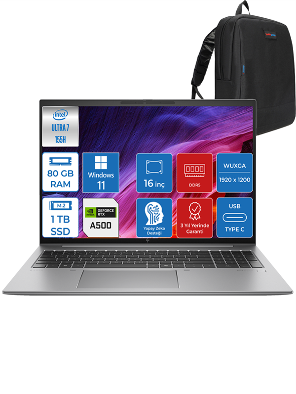 HP Zbook Firefly G11 Intel Ultra 7 155H 80GB 1tb SSD 4GB/RTXA500 Wuxga 16" W11PRO Mobil Iş Istasyonu ZBF5G4B8EWP12 + Zetta Çanta - Image 1