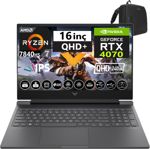 Hp Victus 16-S0001NT Ryzen 7 7840HS 32GB Ddr5 512GB SSD 8GB/RTX4070 Freedos 16" 240Hz 3ms Qhd IPS Taşınabilir Bilgisayar W7Z4L9EA05 + Weblegelsin Çanta - Image 1