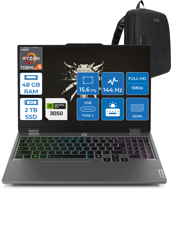Lenovo Loq 15ARP9 Ryzen 5 7235HS 48GB Dd5 2tb SSD 6GB/RTX3050/95W 15.6" Fhd IPS 144Hz Freedos 883JC000QTRF14+Zettaçanta - Image 1