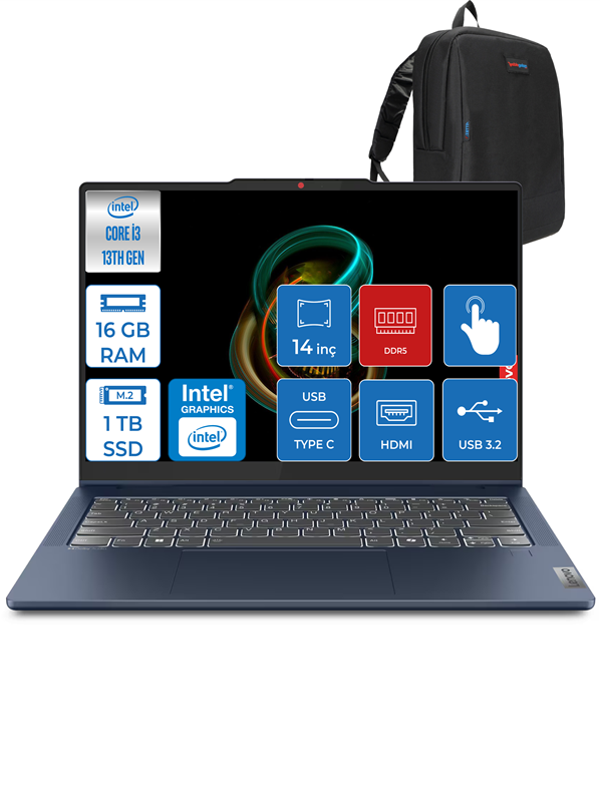 Lenovo Ideapad Slim 5 I5 13420H 16GB Lpddr5 1tb SSD WIN11HOME 14" Wuxga IPS Dokunmatik ID83KX004FTRP02+Zettaçanta - Image 1